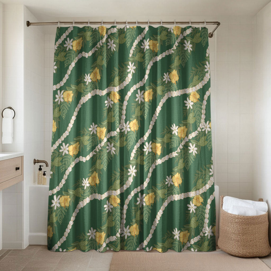 Hawaiian Pikake Maile Lei Bathroom Set Tiare Hibiscus Kalo Palapalai Leaf Green