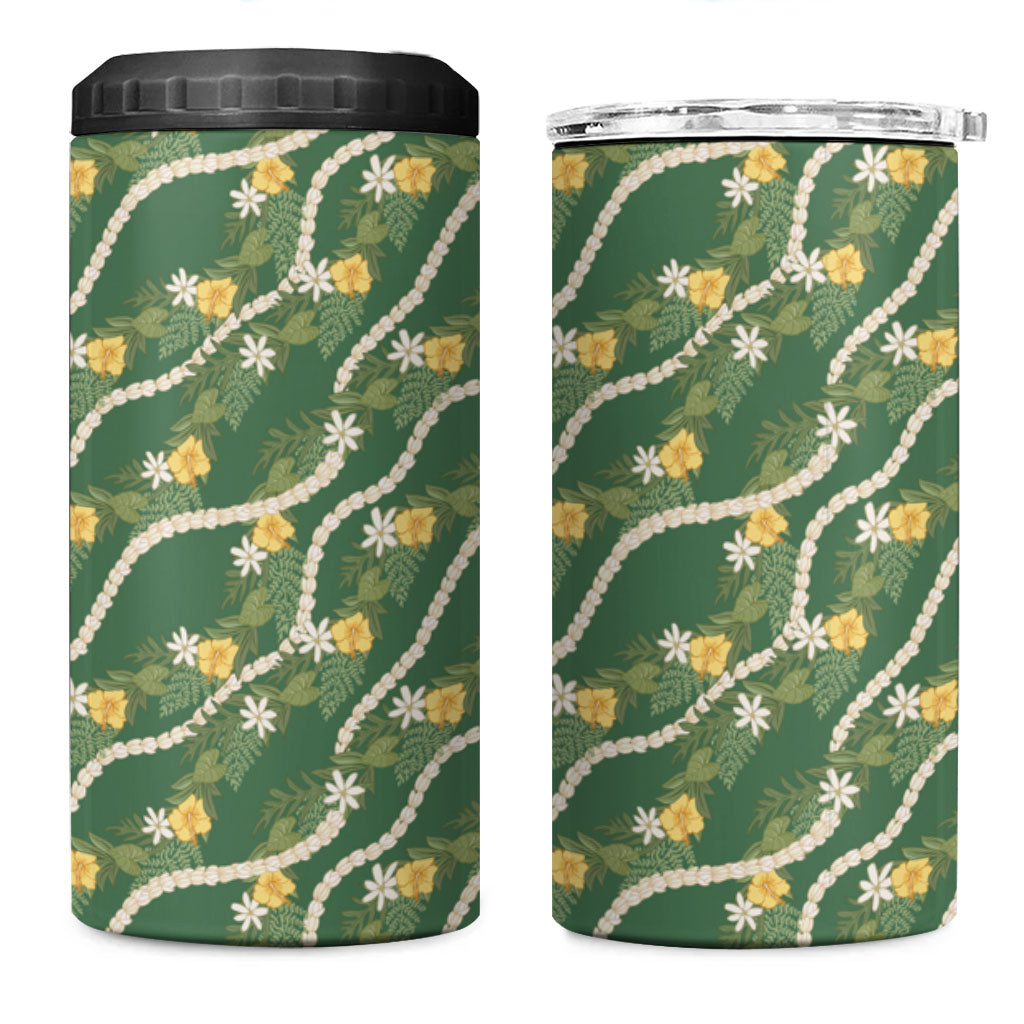 Hawaiian Pikake Maile Lei 4 in 1 Can Cooler Tumbler Tiare Hibiscus Kalo Palapalai Leaf Green