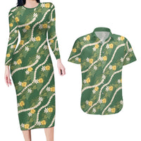 Hawaiian Pikake Maile Lei Couples Matching Long Sleeve Bodycon Dress and Hawaiian Shirt Tiare Hibiscus Kalo Palapalai Leaf Green