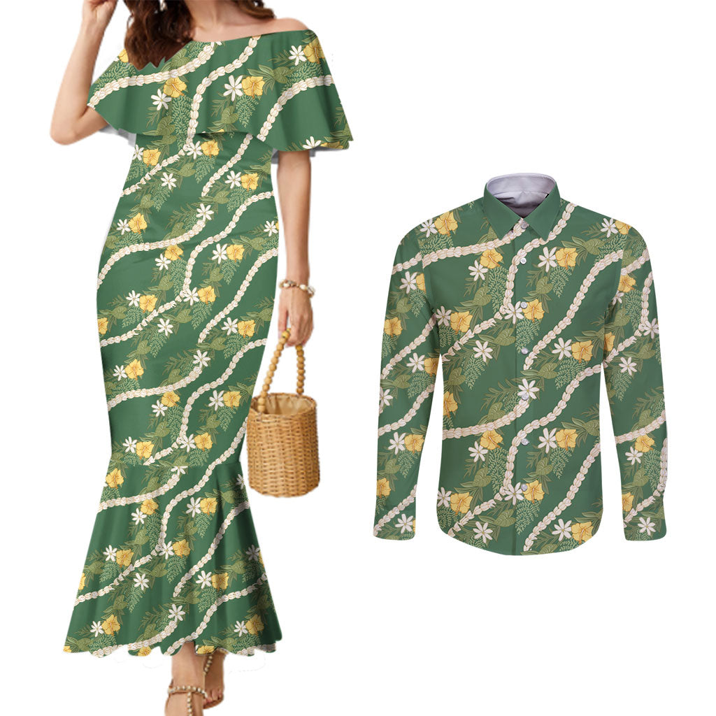 Hawaiian Pikake Maile Lei Couples Matching Mermaid Dress and Long Sleeve Button Shirt Tiare Hibiscus Kalo Palapalai Leaf Green LT19 Green - Polynesian Pride