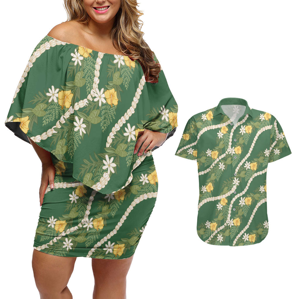 Hawaiian Pikake Maile Lei Couples Matching Off Shoulder Short Dress and Hawaiian Shirt Tiare Hibiscus Kalo Palapalai Leaf Green LT19 Green - Polynesian Pride