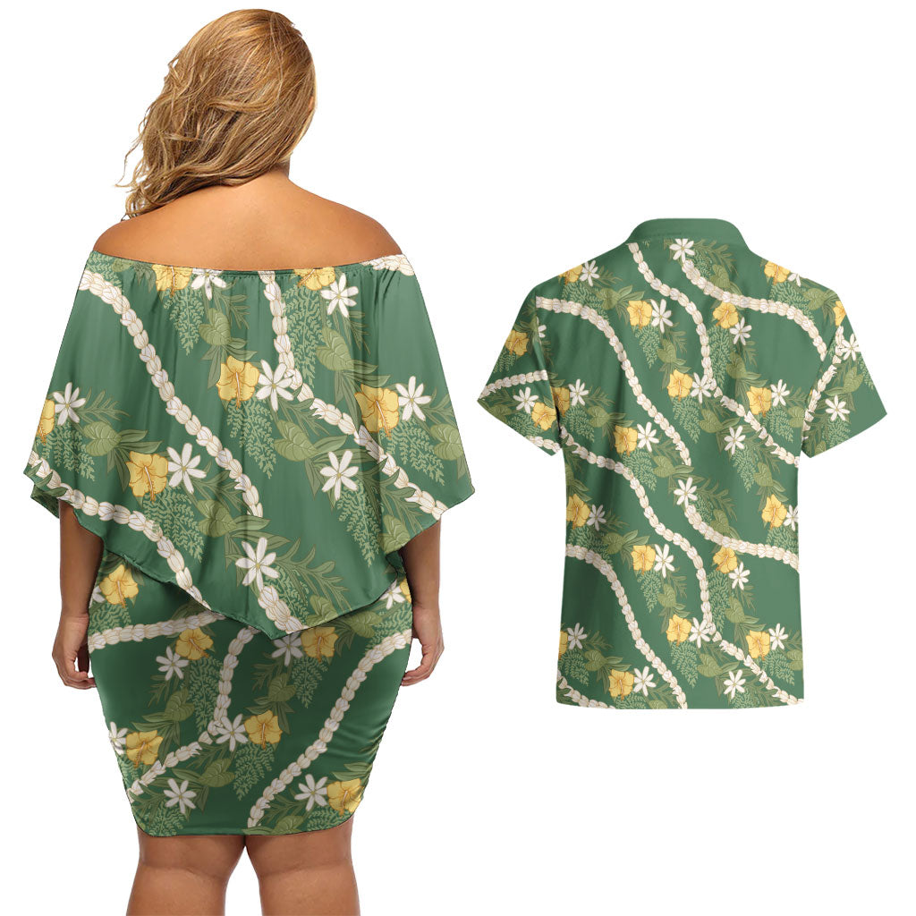 Hawaiian Pikake Maile Lei Couples Matching Off Shoulder Short Dress and Hawaiian Shirt Tiare Hibiscus Kalo Palapalai Leaf Green