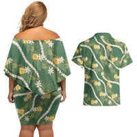 Hawaiian Pikake Maile Lei Couples Matching Off Shoulder Short Dress and Hawaiian Shirt Tiare Hibiscus Kalo Palapalai Leaf Green