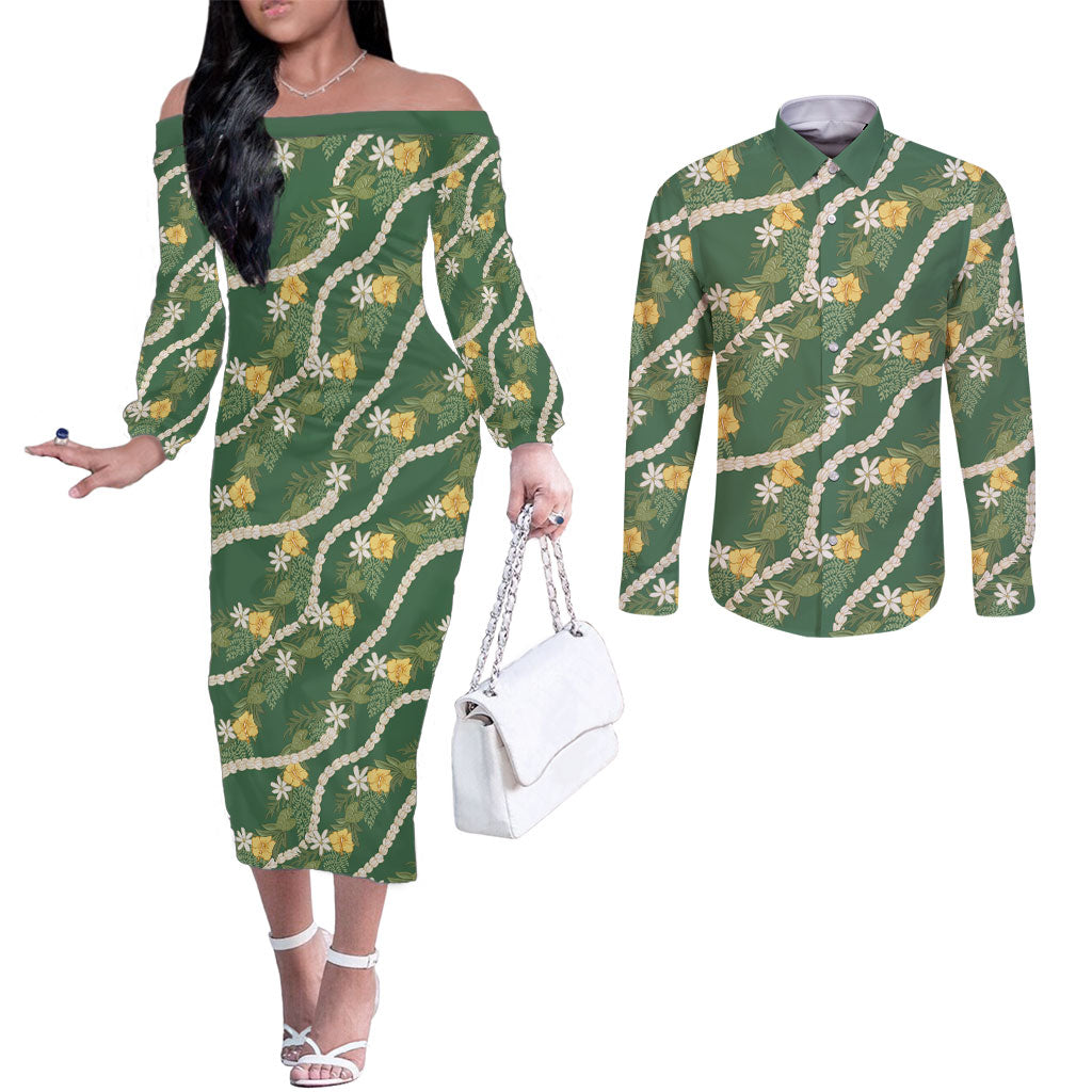 Hawaiian Pikake Maile Lei Couples Matching Off The Shoulder Long Sleeve Dress and Long Sleeve Button Shirt Tiare Hibiscus Kalo Palapalai Leaf Green LT19 Green - Polynesian Pride