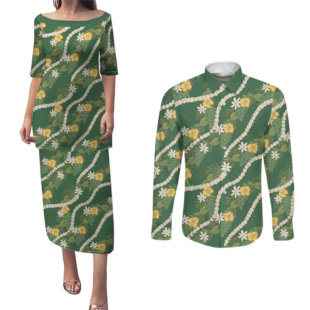 Hawaiian Pikake Maile Lei Couples Matching Puletasi and Long Sleeve Button Shirt Tiare Hibiscus Kalo Palapalai Leaf Green LT19 Green - Polynesian Pride