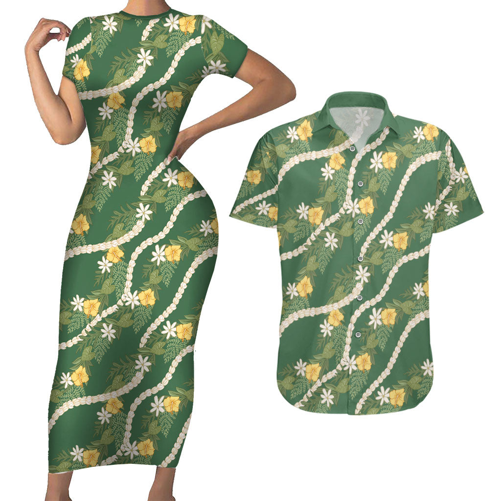 Hawaiian Pikake Maile Lei Couples Matching Short Sleeve Bodycon Dress and Hawaiian Shirt Tiare Hibiscus Kalo Palapalai Leaf Green