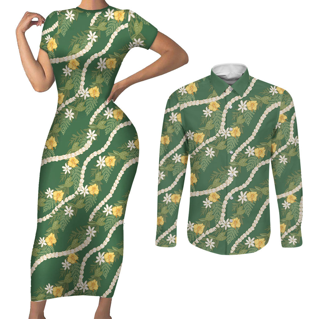 Hawaiian Pikake Maile Lei Couples Matching Short Sleeve Bodycon Dress and Long Sleeve Button Shirt Tiare Hibiscus Kalo Palapalai Leaf Green
