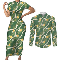 Hawaiian Pikake Maile Lei Couples Matching Short Sleeve Bodycon Dress and Long Sleeve Button Shirt Tiare Hibiscus Kalo Palapalai Leaf Green