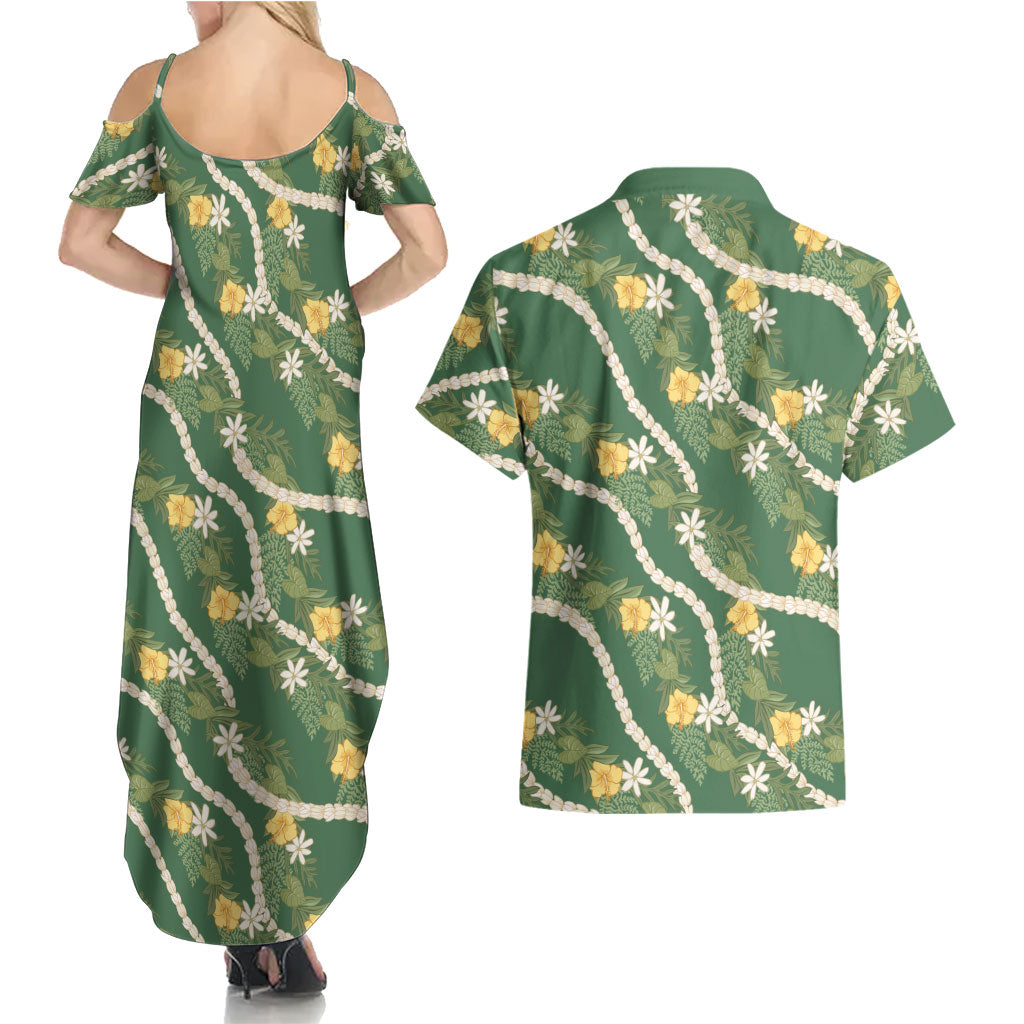 Hawaiian Pikake Maile Lei Couples Matching Summer Maxi Dress and Hawaiian Shirt Tiare Hibiscus Kalo Palapalai Leaf Green