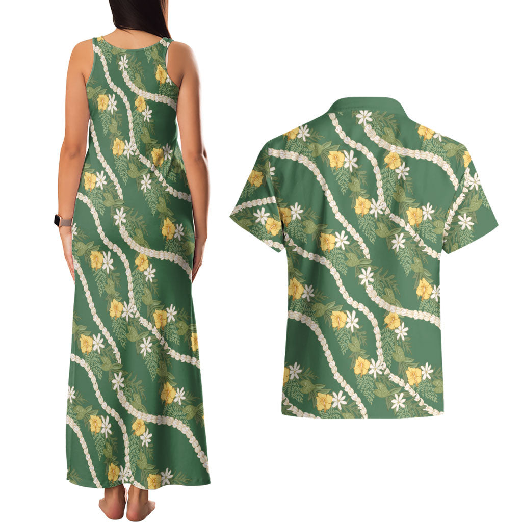 Hawaiian Pikake Maile Lei Couples Matching Tank Maxi Dress and Hawaiian Shirt Tiare Hibiscus Kalo Palapalai Leaf Green