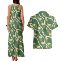 Hawaiian Pikake Maile Lei Couples Matching Tank Maxi Dress and Hawaiian Shirt Tiare Hibiscus Kalo Palapalai Leaf Green