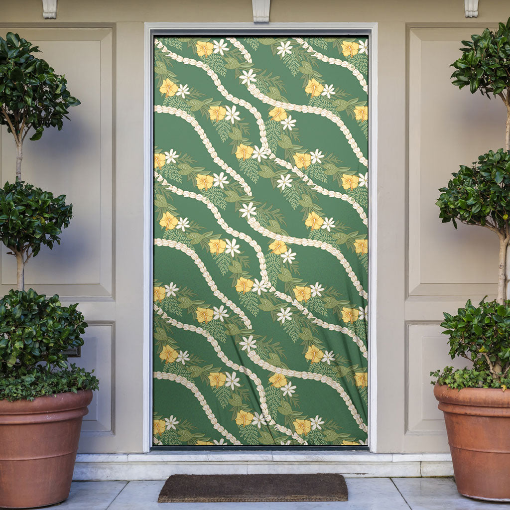 Hawaiian Pikake Maile Lei Door Cover Tiare Hibiscus Kalo Palapalai Leaf Green LT19 Green - Polynesian Pride
