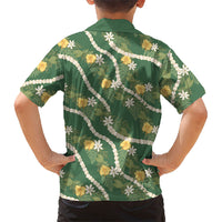 Hawaiian Pikake Maile Lei Family Matching Long Sleeve Bodycon Dress and Hawaiian Shirt Tiare Hibiscus Kalo Palapalai Leaf Green