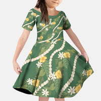 Hawaiian Pikake Maile Lei Family Matching Long Sleeve Bodycon Dress and Hawaiian Shirt Tiare Hibiscus Kalo Palapalai Leaf Green