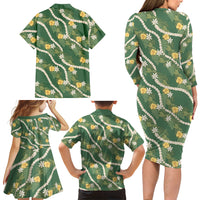 Hawaiian Pikake Maile Lei Family Matching Long Sleeve Bodycon Dress and Hawaiian Shirt Tiare Hibiscus Kalo Palapalai Leaf Green