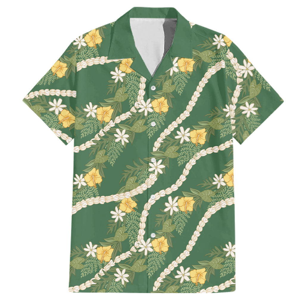 Hawaiian Pikake Maile Lei Family Matching Long Sleeve Bodycon Dress and Hawaiian Shirt Tiare Hibiscus Kalo Palapalai Leaf Green