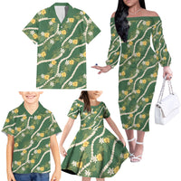 Hawaiian Pikake Maile Lei Family Matching Off The Shoulder Long Sleeve Dress and Hawaiian Shirt Tiare Hibiscus Kalo Palapalai Leaf Green