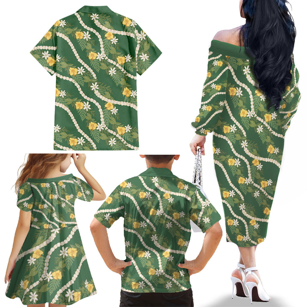 Hawaiian Pikake Maile Lei Family Matching Off The Shoulder Long Sleeve Dress and Hawaiian Shirt Tiare Hibiscus Kalo Palapalai Leaf Green