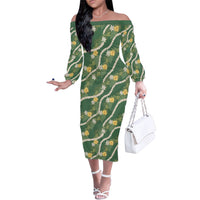 Hawaiian Pikake Maile Lei Family Matching Off The Shoulder Long Sleeve Dress and Hawaiian Shirt Tiare Hibiscus Kalo Palapalai Leaf Green
