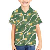 Hawaiian Pikake Maile Lei Family Matching Off The Shoulder Long Sleeve Dress and Hawaiian Shirt Tiare Hibiscus Kalo Palapalai Leaf Green