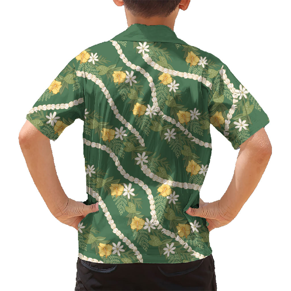 Hawaiian Pikake Maile Lei Family Matching Off Shoulder Maxi Dress and Hawaiian Shirt Tiare Hibiscus Kalo Palapalai Leaf Green