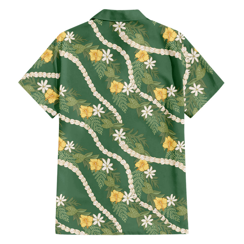 Hawaiian Pikake Maile Lei Family Matching Off Shoulder Maxi Dress and Hawaiian Shirt Tiare Hibiscus Kalo Palapalai Leaf Green