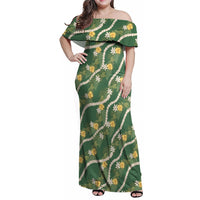 Hawaiian Pikake Maile Lei Family Matching Off Shoulder Maxi Dress and Hawaiian Shirt Tiare Hibiscus Kalo Palapalai Leaf Green