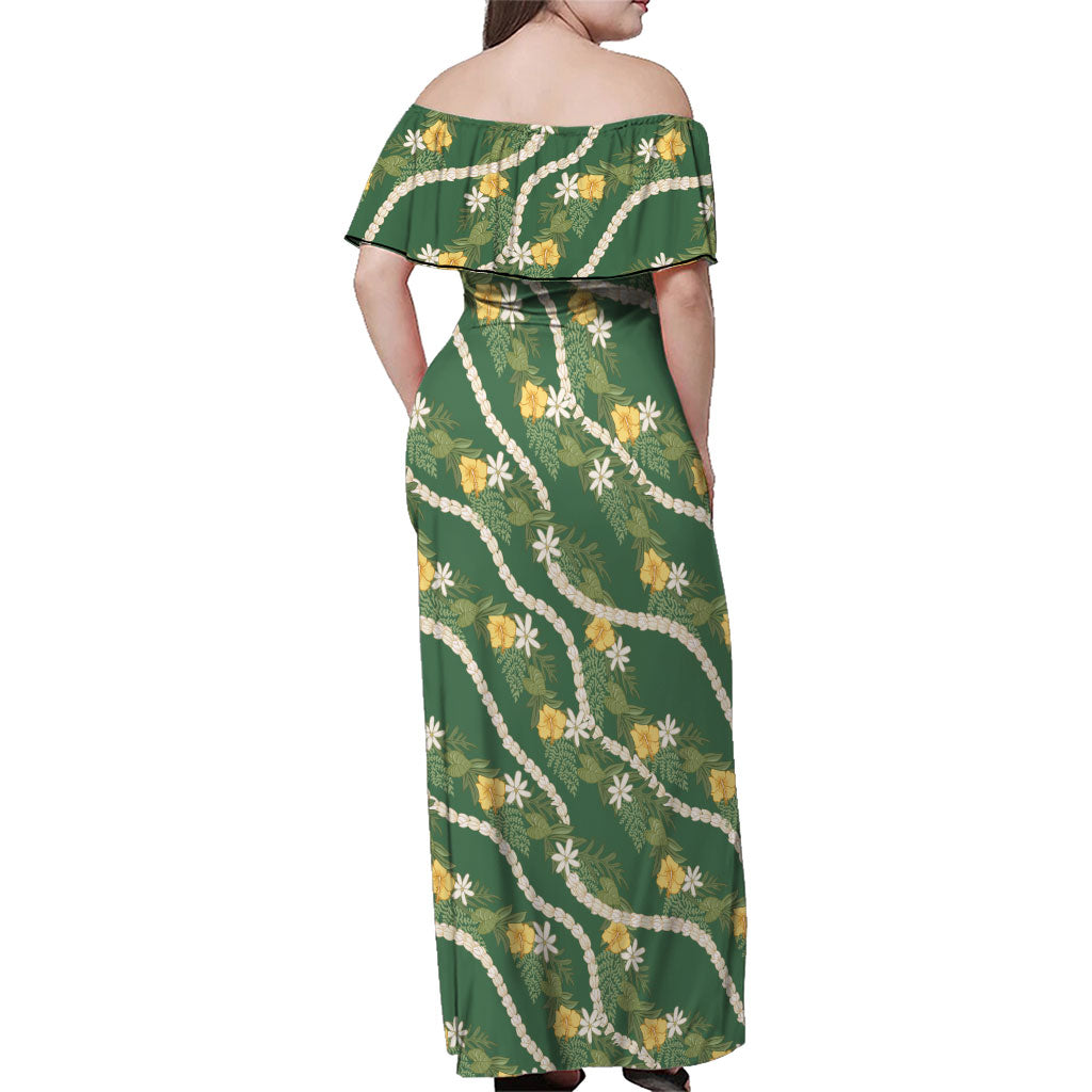 Hawaiian Pikake Maile Lei Family Matching Off Shoulder Maxi Dress and Hawaiian Shirt Tiare Hibiscus Kalo Palapalai Leaf Green