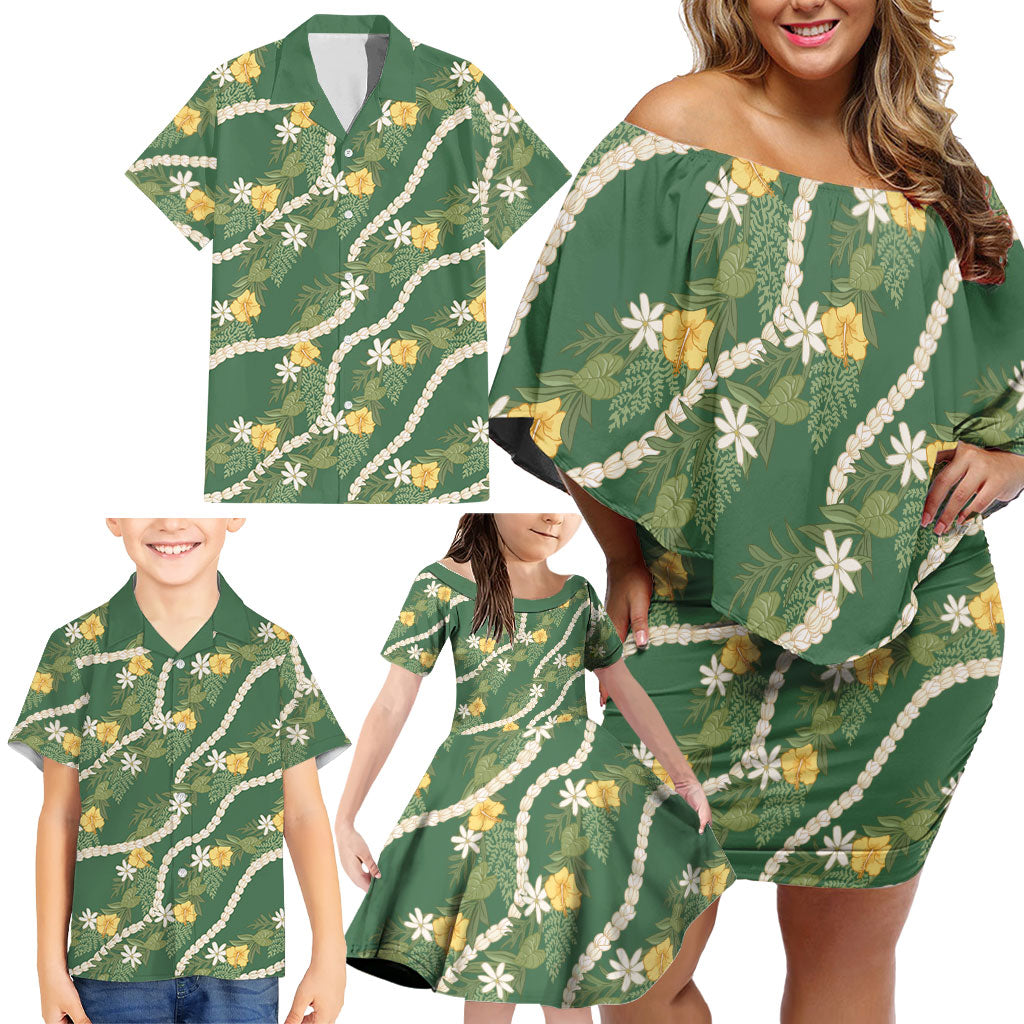 Hawaiian Pikake Maile Lei Family Matching Off Shoulder Short Dress and Hawaiian Shirt Tiare Hibiscus Kalo Palapalai Leaf Green