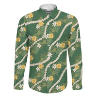 Hawaiian Pikake Maile Lei Family Matching Off Shoulder Short Dress and Hawaiian Shirt Tiare Hibiscus Kalo Palapalai Leaf Green
