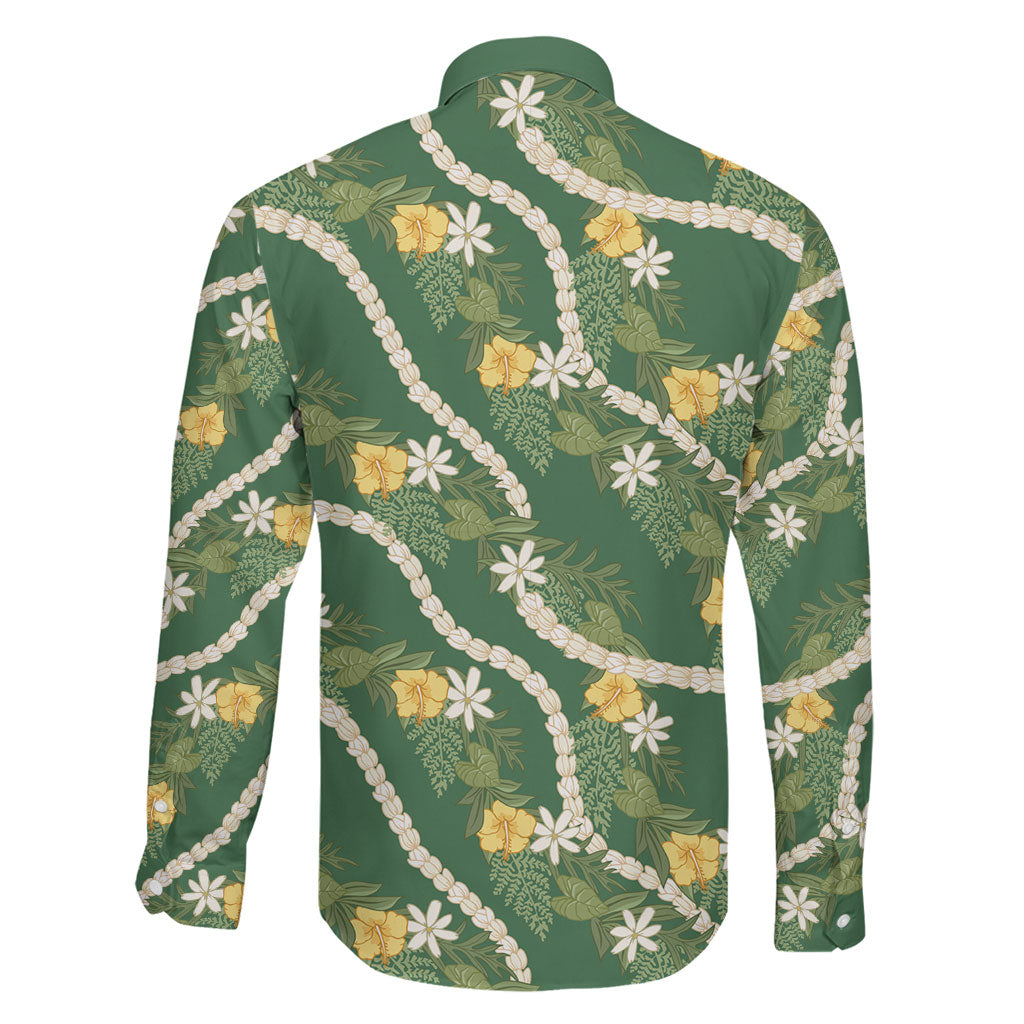 Hawaiian Pikake Maile Lei Family Matching Off Shoulder Short Dress and Hawaiian Shirt Tiare Hibiscus Kalo Palapalai Leaf Green
