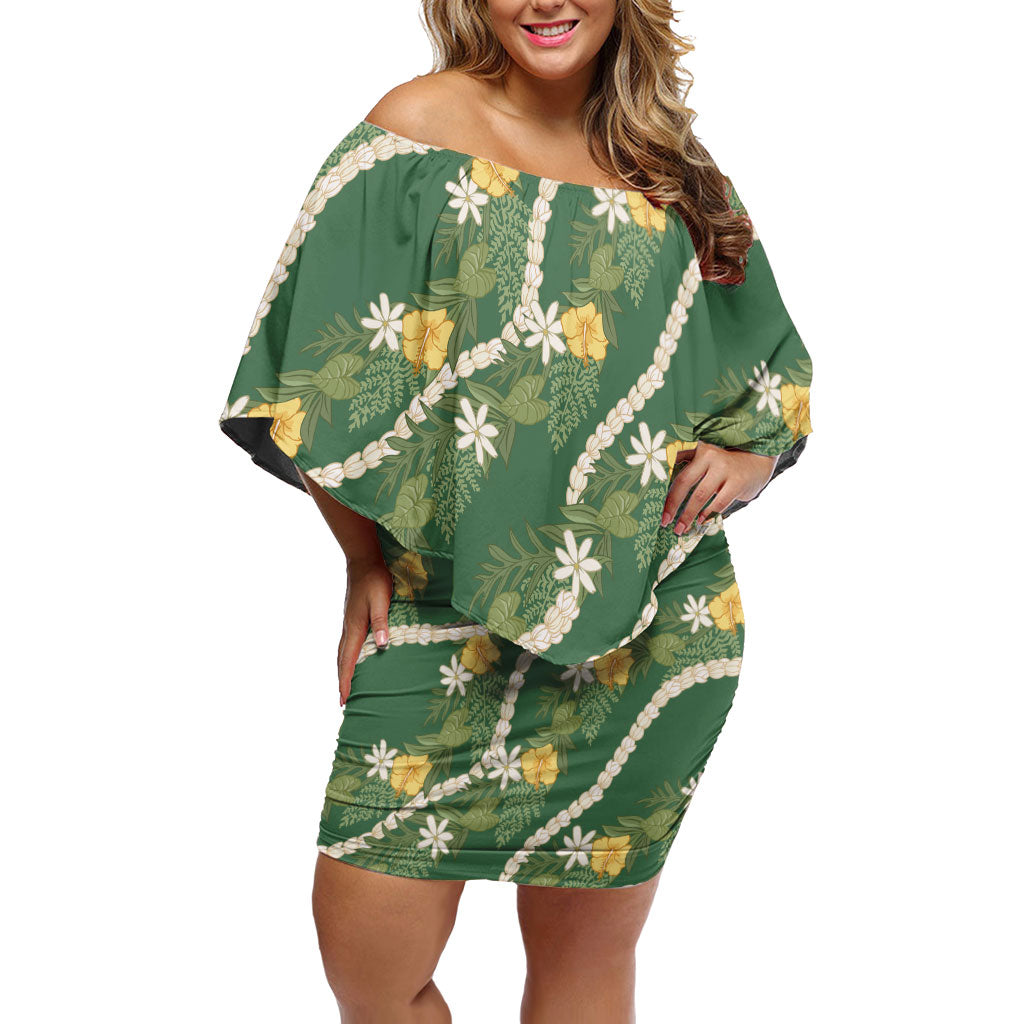 Hawaiian Pikake Maile Lei Family Matching Off Shoulder Short Dress and Hawaiian Shirt Tiare Hibiscus Kalo Palapalai Leaf Green