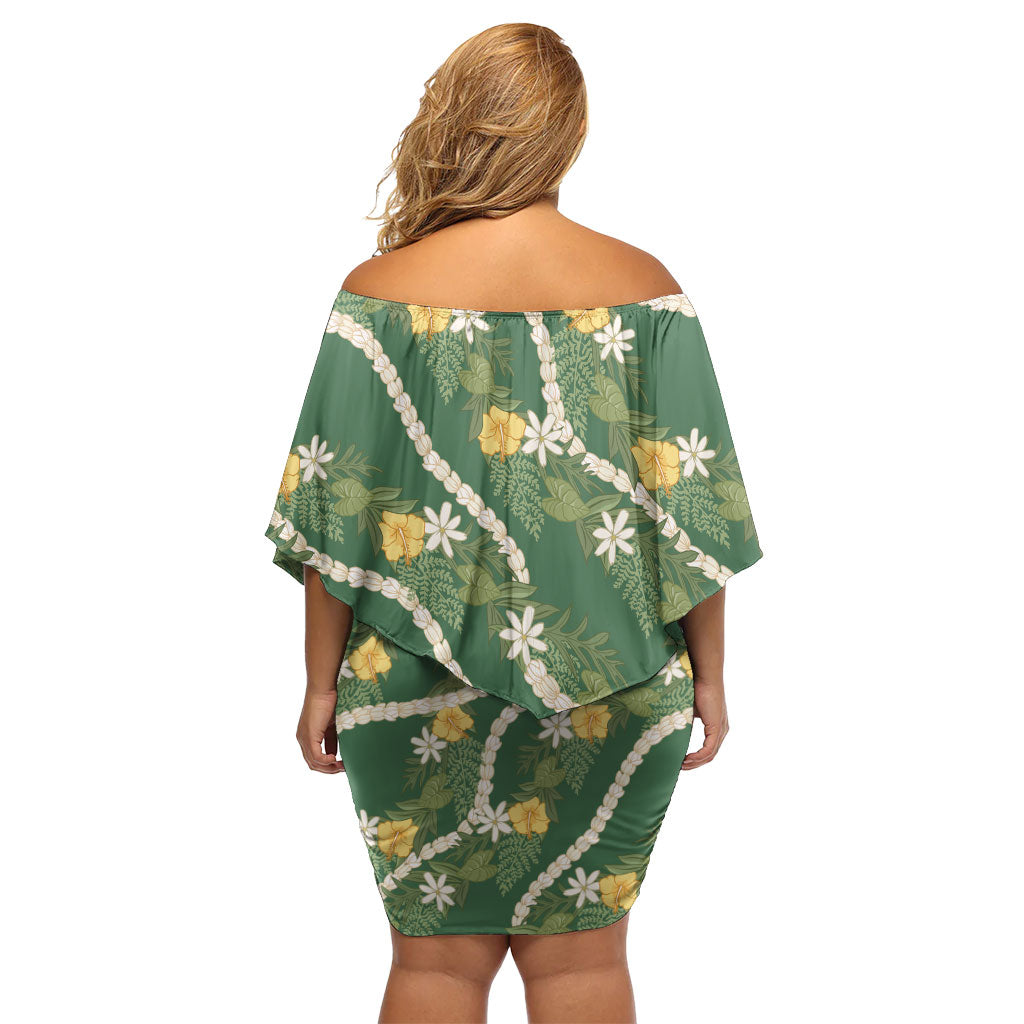 Hawaiian Pikake Maile Lei Family Matching Off Shoulder Short Dress and Hawaiian Shirt Tiare Hibiscus Kalo Palapalai Leaf Green