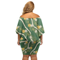 Hawaiian Pikake Maile Lei Family Matching Off Shoulder Short Dress and Hawaiian Shirt Tiare Hibiscus Kalo Palapalai Leaf Green