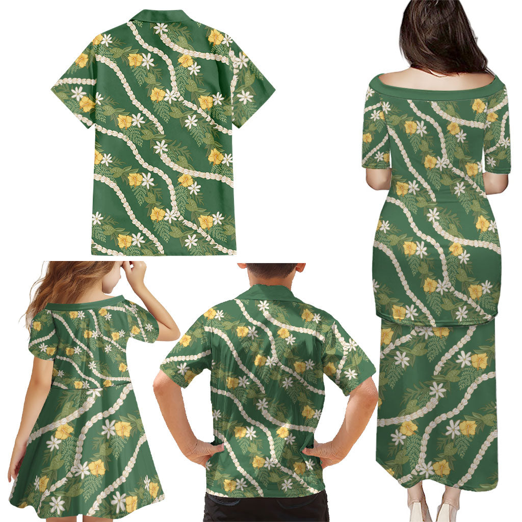 Hawaiian Pikake Maile Lei Family Matching Puletasi and Hawaiian Shirt Tiare Hibiscus Kalo Palapalai Leaf Green