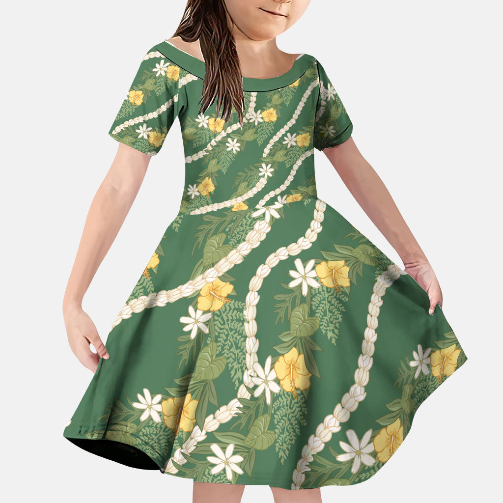 Hawaiian Pikake Maile Lei Family Matching Short Sleeve Bodycon Dress and Hawaiian Shirt Tiare Hibiscus Kalo Palapalai Leaf Green