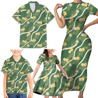 Hawaiian Pikake Maile Lei Family Matching Short Sleeve Bodycon Dress and Hawaiian Shirt Tiare Hibiscus Kalo Palapalai Leaf Green