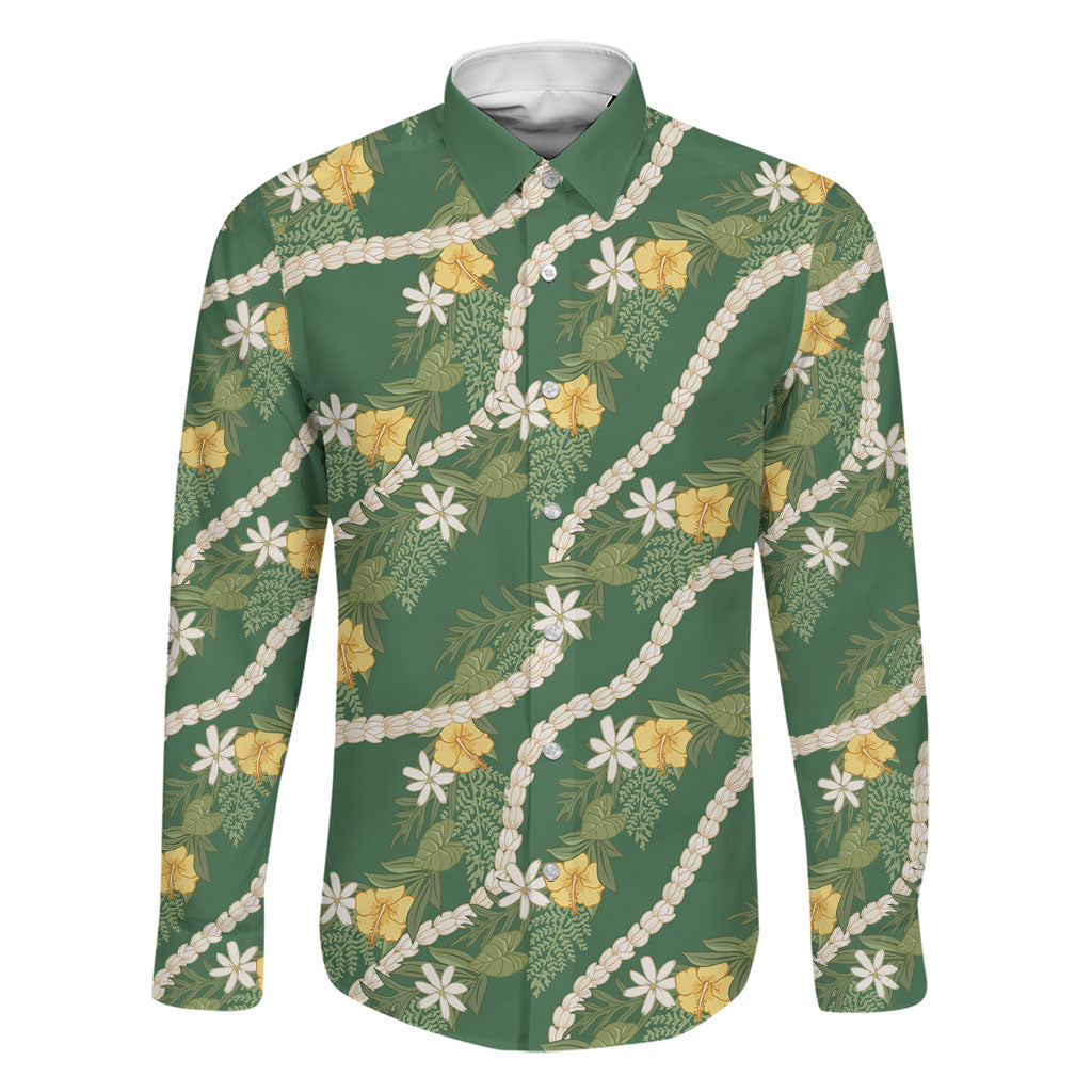 Hawaiian Pikake Maile Lei Family Matching Short Sleeve Bodycon Dress and Hawaiian Shirt Tiare Hibiscus Kalo Palapalai Leaf Green