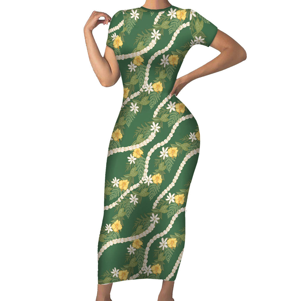 Hawaiian Pikake Maile Lei Family Matching Short Sleeve Bodycon Dress and Hawaiian Shirt Tiare Hibiscus Kalo Palapalai Leaf Green