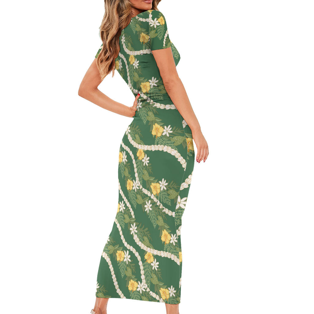 Hawaiian Pikake Maile Lei Family Matching Short Sleeve Bodycon Dress and Hawaiian Shirt Tiare Hibiscus Kalo Palapalai Leaf Green