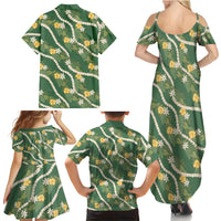 Hawaiian Pikake Maile Lei Family Matching Summer Maxi Dress and Hawaiian Shirt Tiare Hibiscus Kalo Palapalai Leaf Green