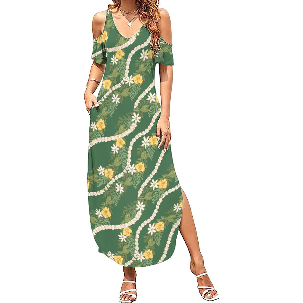 Hawaiian Pikake Maile Lei Family Matching Summer Maxi Dress and Hawaiian Shirt Tiare Hibiscus Kalo Palapalai Leaf Green