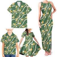 Hawaiian Pikake Maile Lei Family Matching Tank Maxi Dress and Hawaiian Shirt Tiare Hibiscus Kalo Palapalai Leaf Green