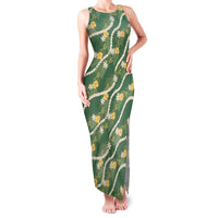 Hawaiian Pikake Maile Lei Family Matching Tank Maxi Dress and Hawaiian Shirt Tiare Hibiscus Kalo Palapalai Leaf Green