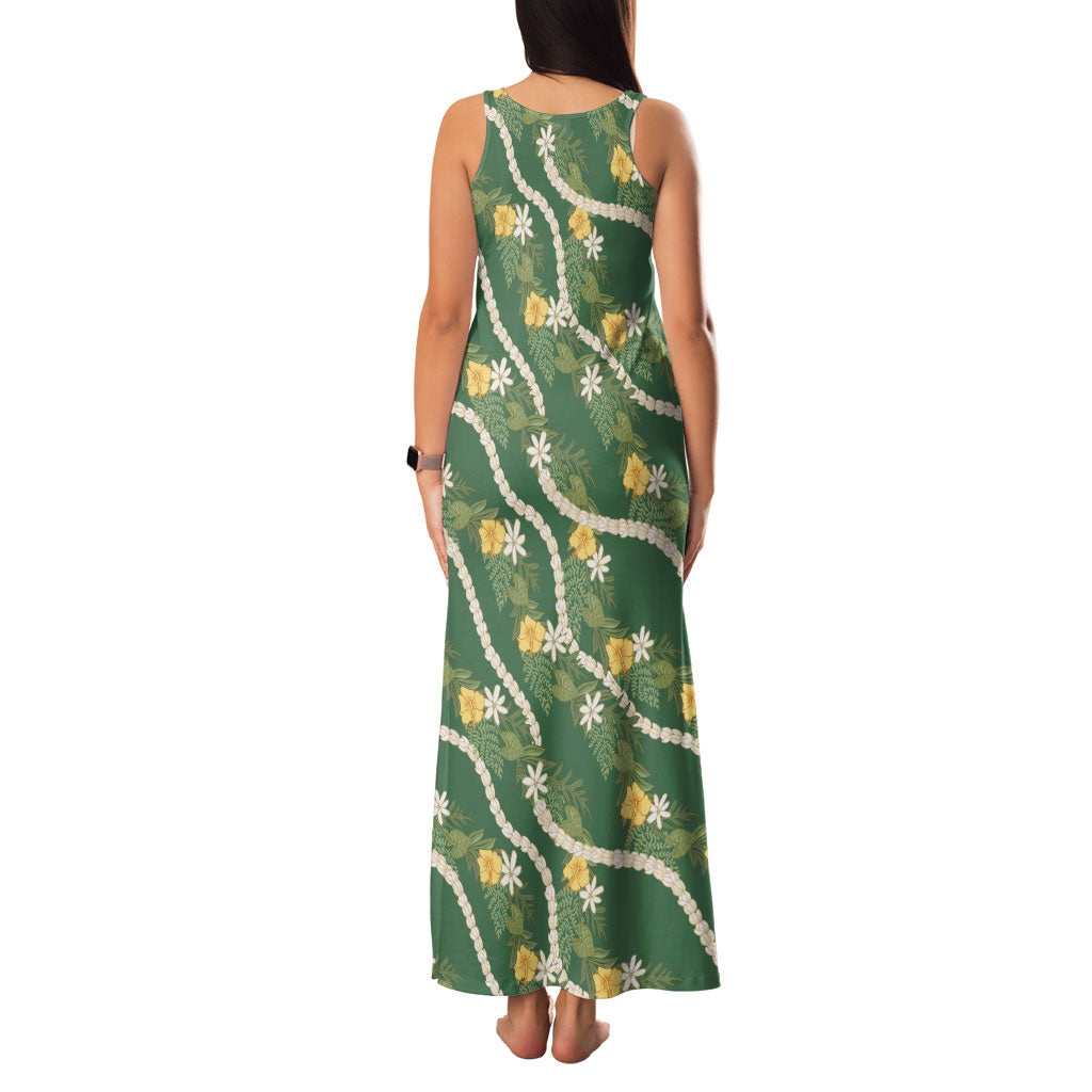Hawaiian Pikake Maile Lei Family Matching Tank Maxi Dress and Hawaiian Shirt Tiare Hibiscus Kalo Palapalai Leaf Green