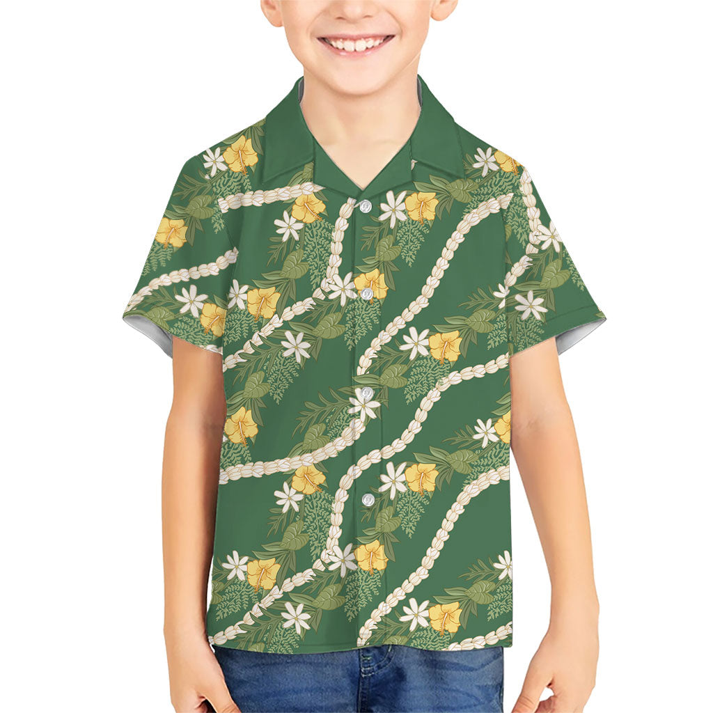 Hawaiian Pikake Maile Lei Family Matching Tank Maxi Dress and Hawaiian Shirt Tiare Hibiscus Kalo Palapalai Leaf Green