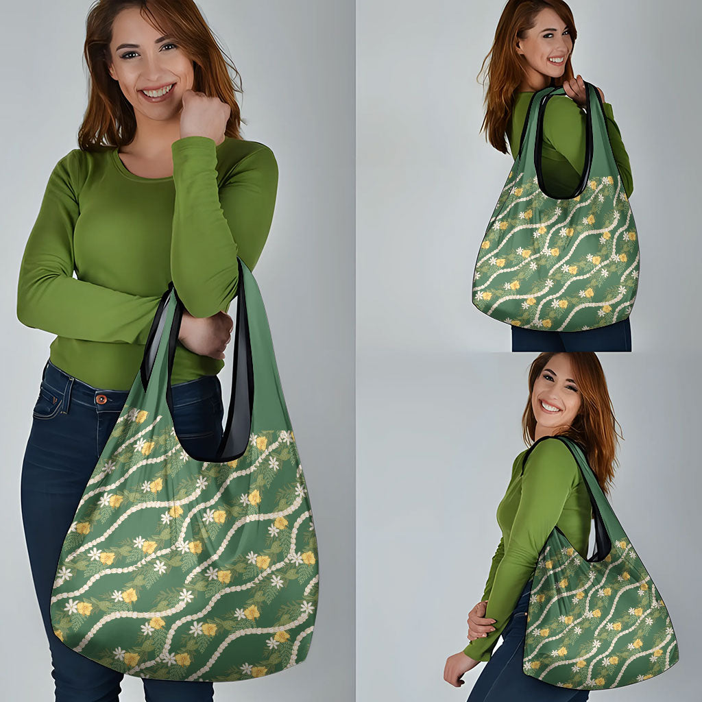 Hawaiian Pikake Maile Lei Grocery Bag Tiare Hibiscus Kalo Palapalai Leaf Green