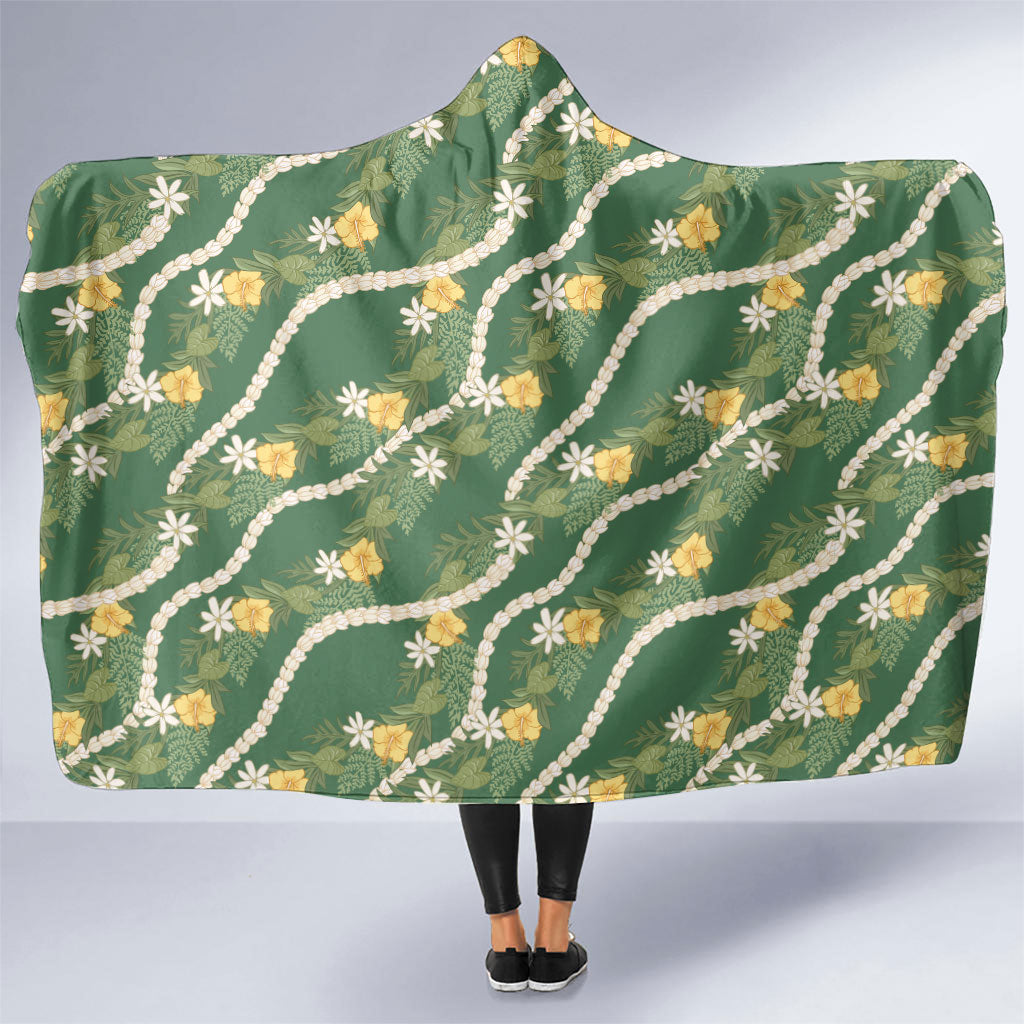 Hawaiian Pikake Maile Lei Hooded Blanket Tiare Hibiscus Kalo Palapalai Leaf Green
