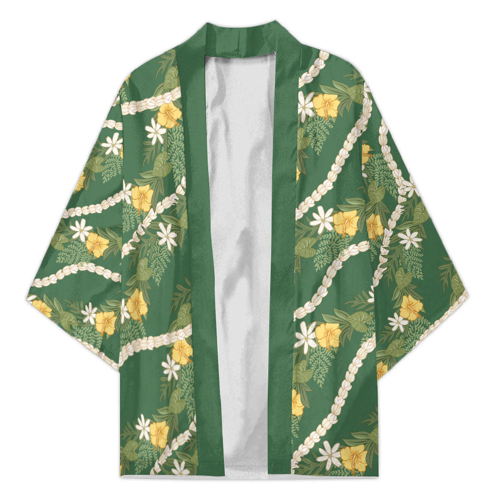 Hawaiian Pikake Maile Lei Kimono Tiare Hibiscus Kalo Palapalai Leaf Green LT19 Unisex Green - Polynesian Pride