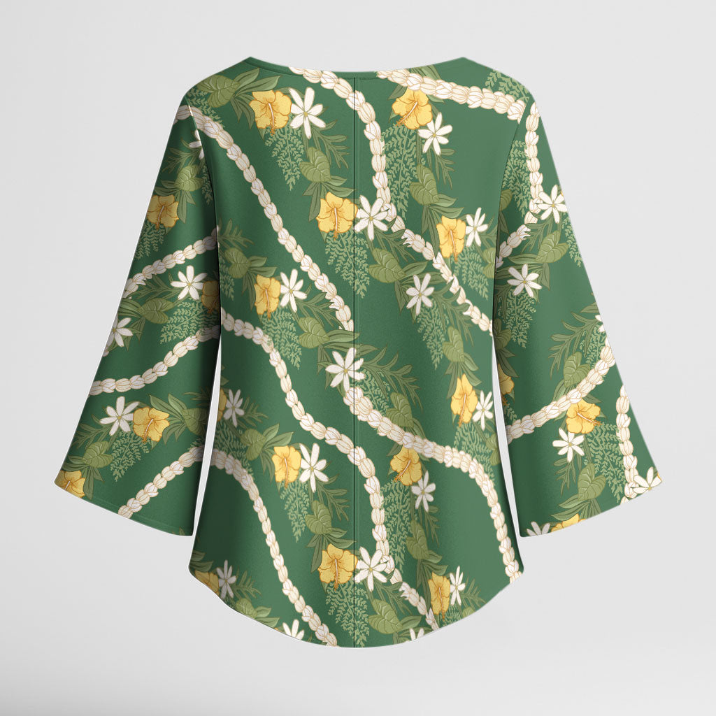 Hawaiian Pikake Maile Lei Kimono Sleeve Blouse Tiare Hibiscus Kalo Palapalai Leaf Green